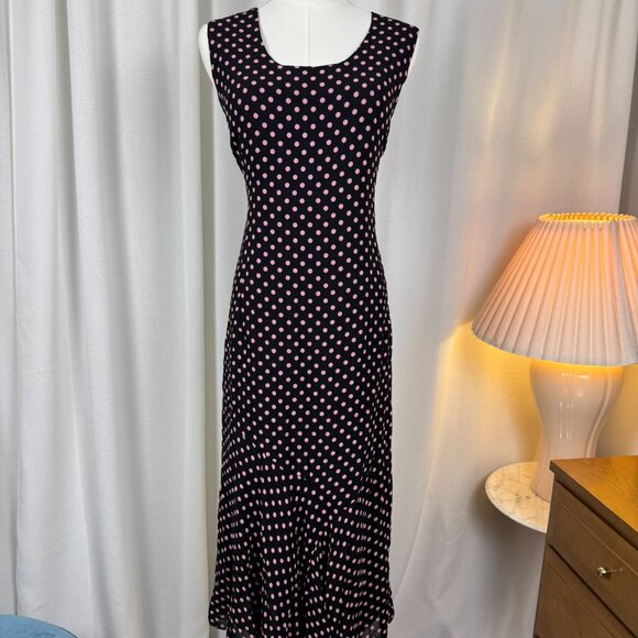 Vintage 90s Polka Dot Bias-Cut Crepe Midi Dress sz Large/12-14 - Picture 5 of 11